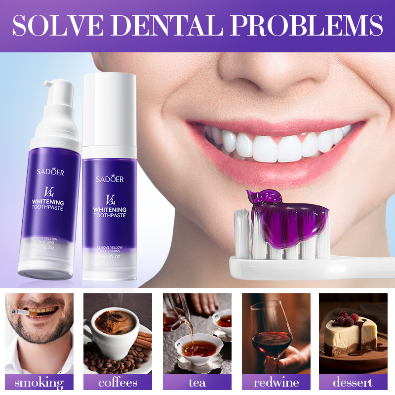 Teeth Whitening Hismile - SADOER V34 歯磨き粉、歯をより白くするためのステイン除去、エナメル質に優しい処方、フレッシュミントフッ素配合歯磨き粉 28/30ml