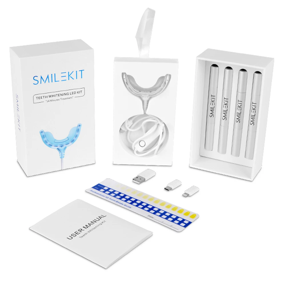 Teeth Whitening Led Kit - インテリジェントタイマー付き歯のホワイトニングキット,16個のLEDライト,歯のホワイトニング,ランプ装置,過酸化物ゲル,口腔ケア,Android,iOS,USB