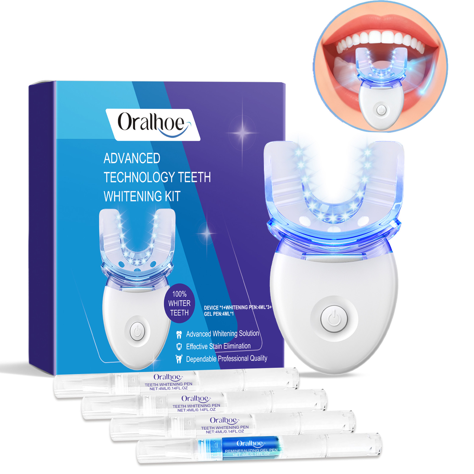 Teeth Whitening Led Kit - プロフェッショナルな歯のホワイトニングLEDライトキット、4倍のホワイトニングジェル、加速ホワイトニングシステム、白い笑顔のためのブルーライトツール