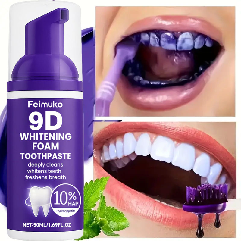 9D パープル歯磨き粉ムース 黄ばんだ歯の汚れ除去用集中ステ - Teeth Whitening Mousse のレビューと価格