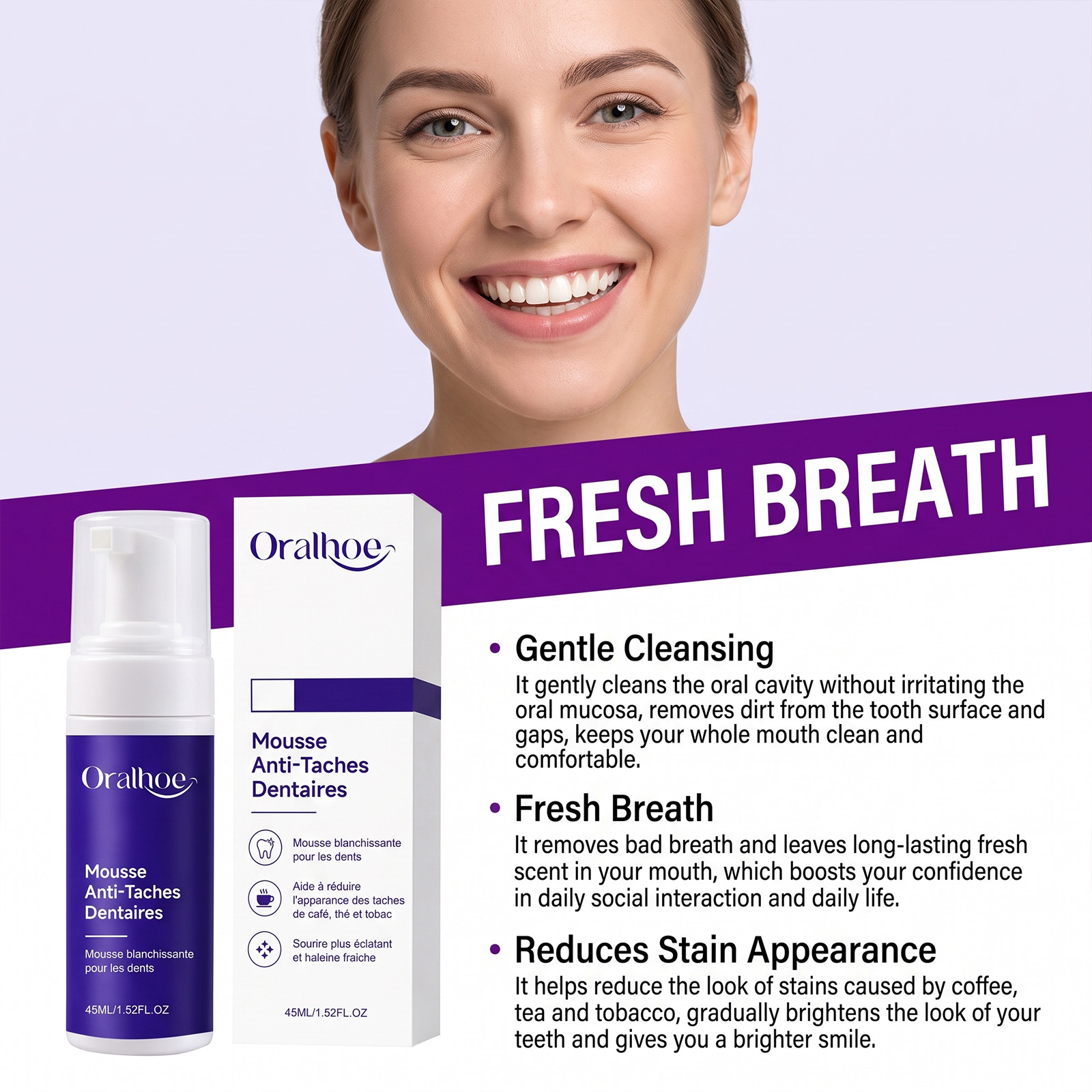 紫の歯磨き粉ムースフォーム、優しいホワイトニング、爽やかな息 - Teeth Whitening Mousse のレビューと価格